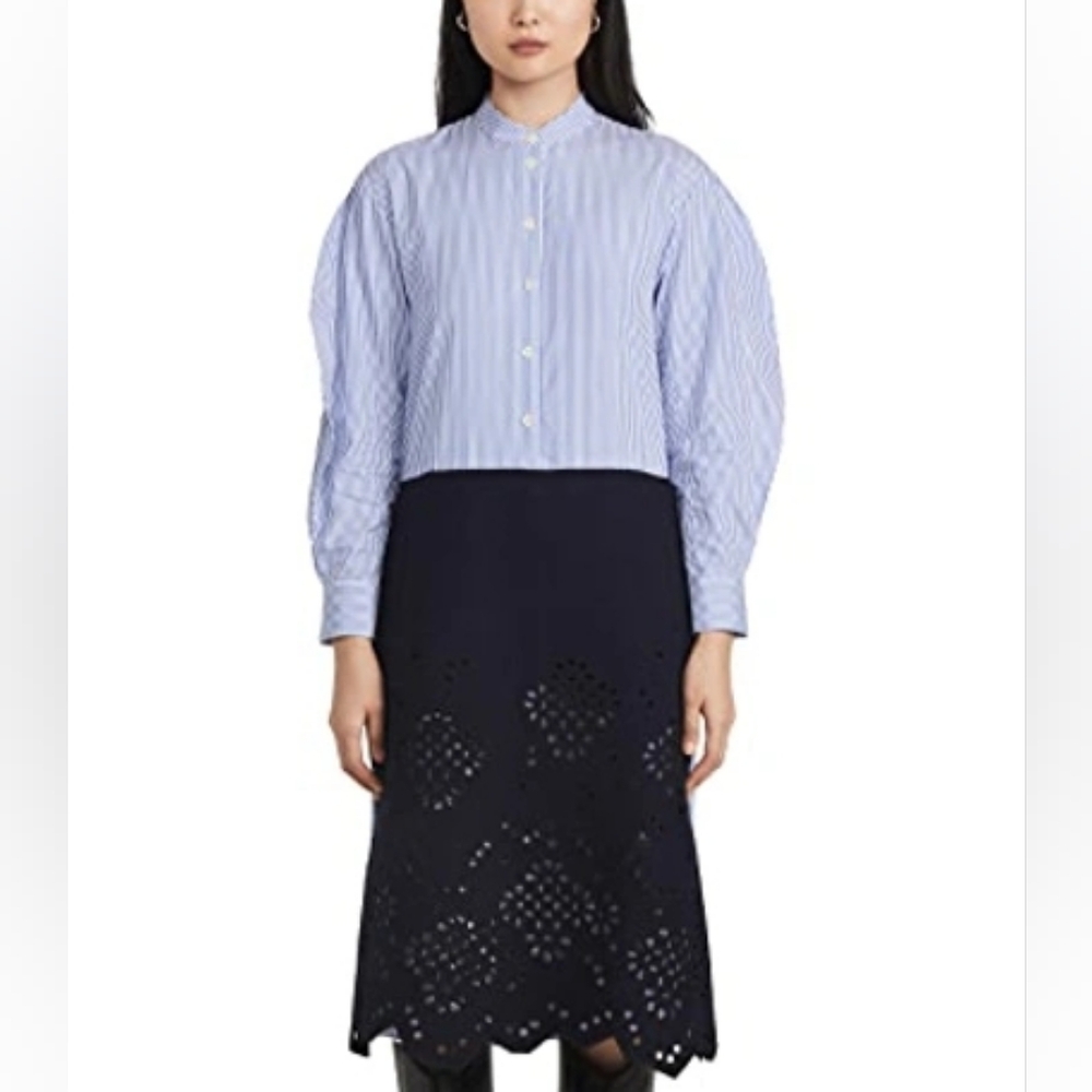 Tibi Blue Eyelet Embroidery On Felted Wool Striped Long Sleeve Shirtdress Size 4